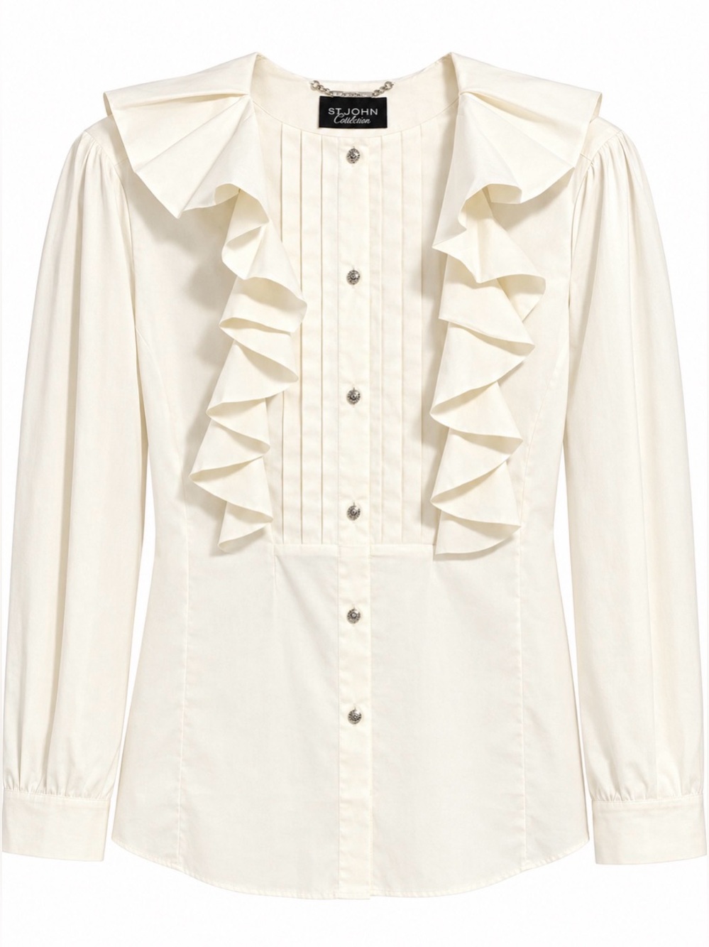 St. John Cream Pleated Ruffle-Front Jeweled Button-Down Blouse, XL
